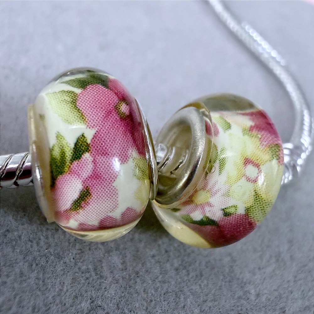 Set of 2 Pink Floral Pink Beads fits PANDORA